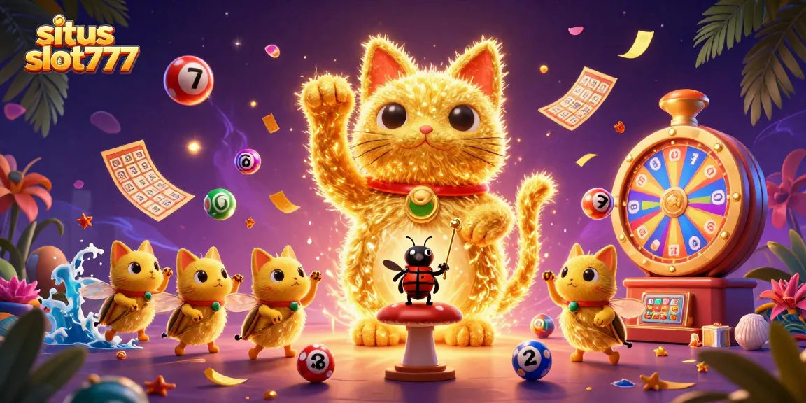 Experience the excitement of situs slot777 with a lively illustration featuring a giant lucky cat, colorful lottery elements, and vibrant casino symbols.