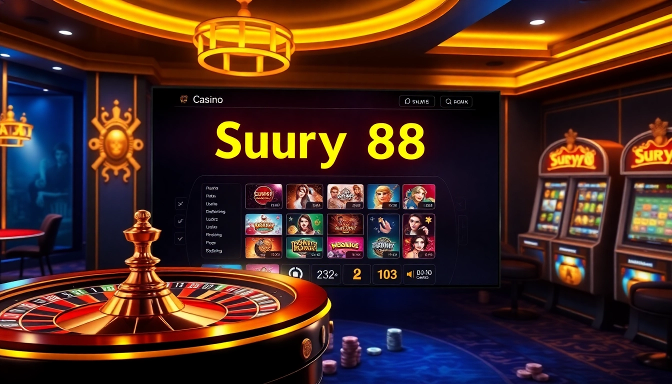 Rasakan sensasi SURYA 88 dengan antarmuka permainan online yang menampilkan roda roulette dan mesin slot yang berwarna-warni.