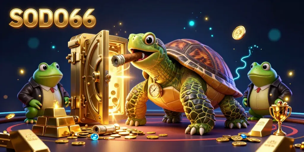 SODO66 showcases a vibrant illustration of a casino scene with a snapping turtle mobster and bullfrog enforcers surrounded by wealth.