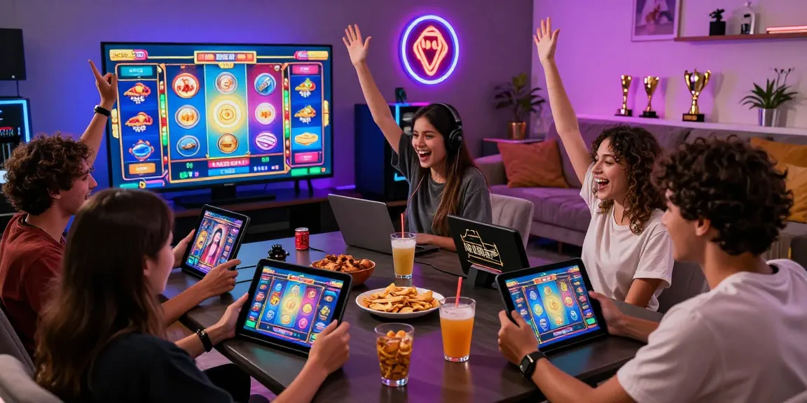Exciting group playing situs slot games on tablets in a vibrant gaming environment