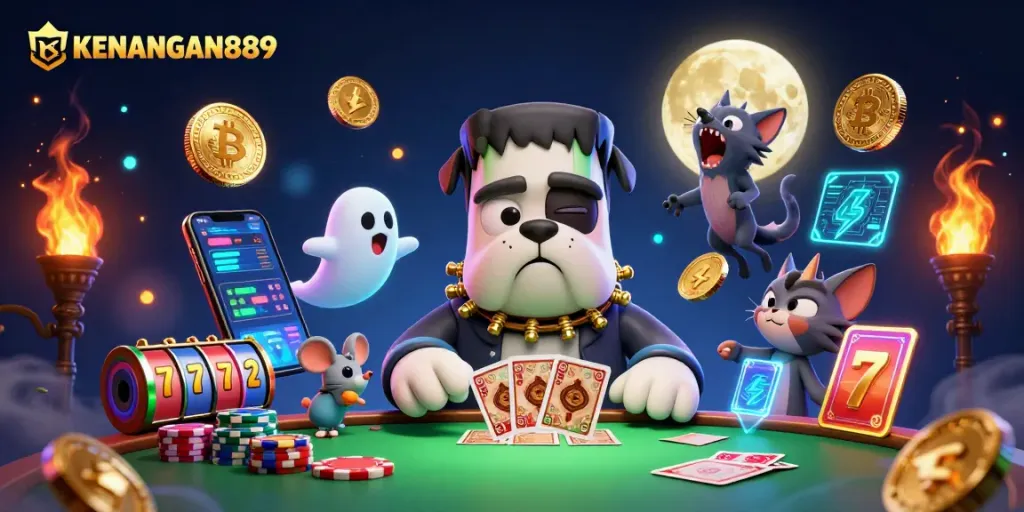 Play confidently at KENANGAN889 with cartoon characters dealing cards and showcasing crypto elements.