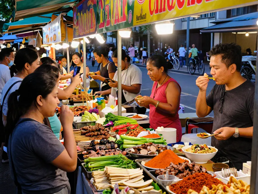 Pengunjung menikmati hidangan kaki lima pecah25 di pasar malam yang ramai dengan berbagai makanan lezat