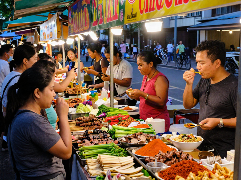 Pengunjung menikmati hidangan kaki lima pecah25 di pasar malam yang ramai dengan berbagai makanan lezat