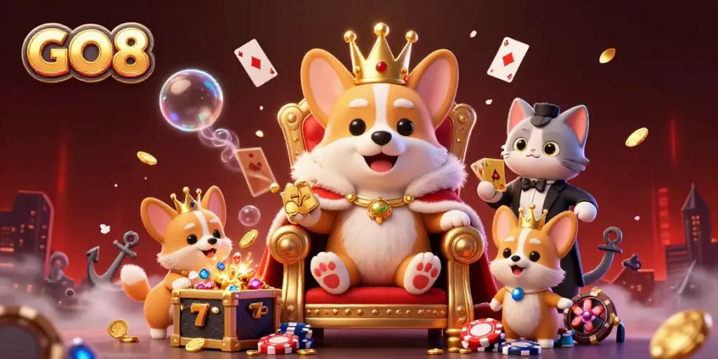 Engage with GO8's lively casino adventure featuring a royal corgi, poker chips, and enchanting treasures.