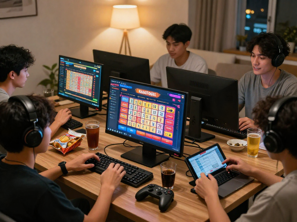 Pengguna rajatogel bermain togel online dengan antusias, dikelilingi suasana nyaman dan terang.