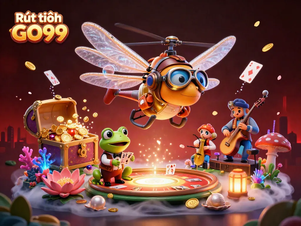 Engaging scene depicting Rút tiền GO99 with a dragonfly pilot and frog croupier in a vibrant lily pad casino.