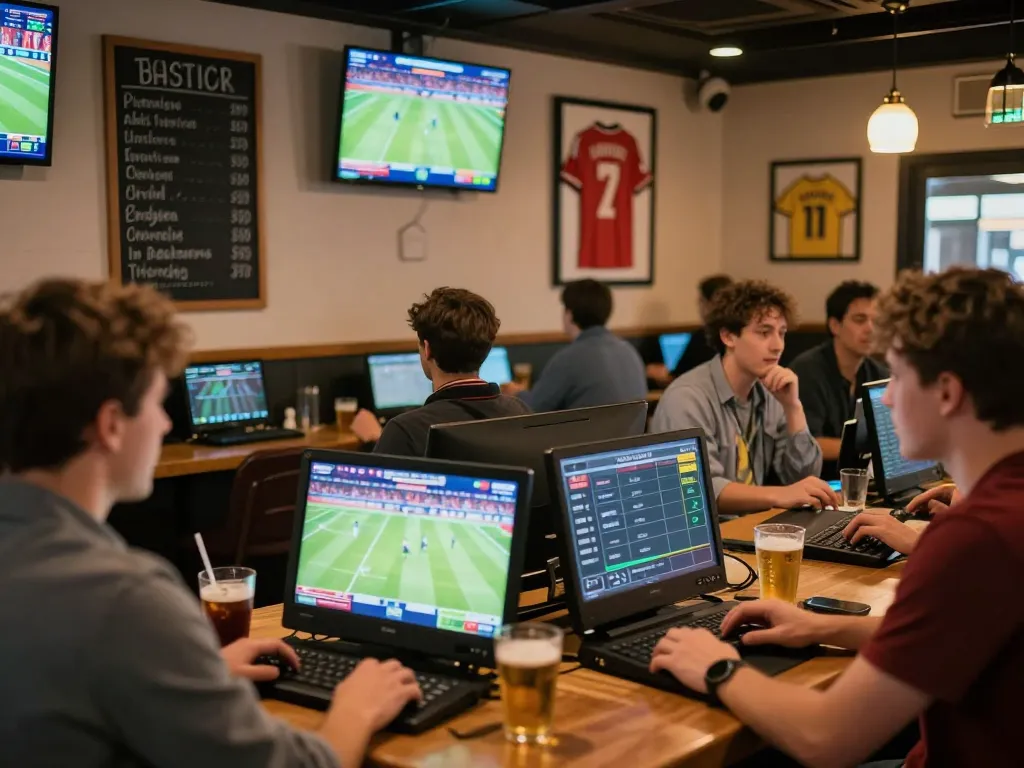 WWBOLA sports betting patrons eagerly strategizing with drinks in a lively pub