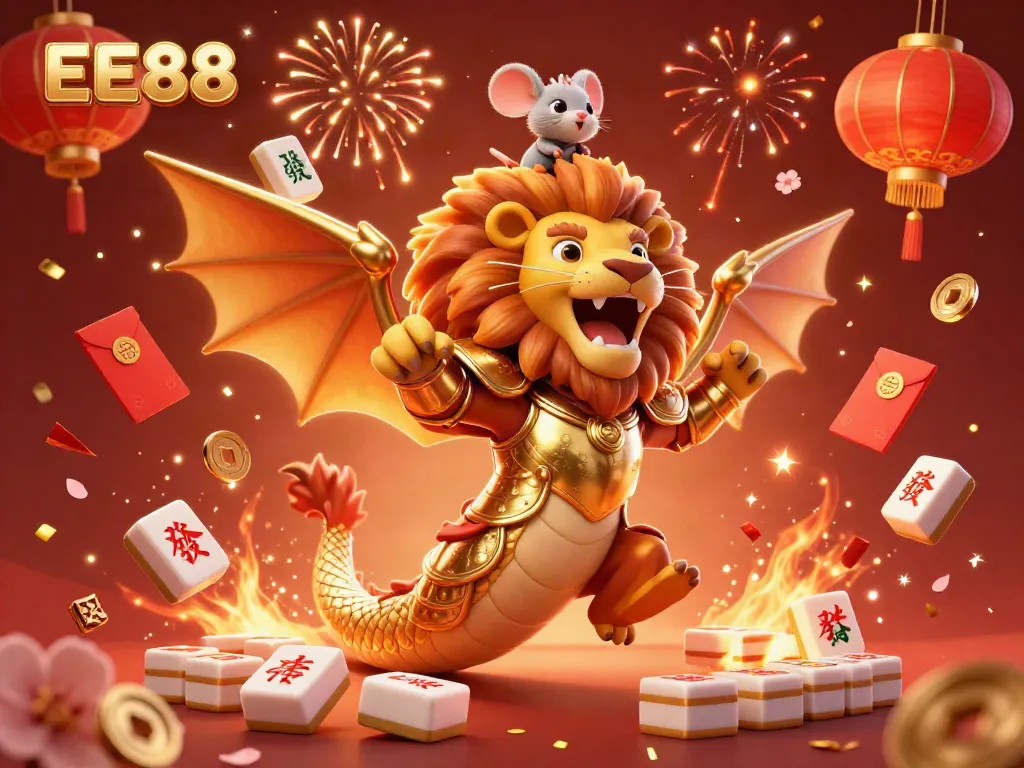 Experience the thrill of EE88 as a jeweled chimera leads the celebration in a captivating casino atmosphere.