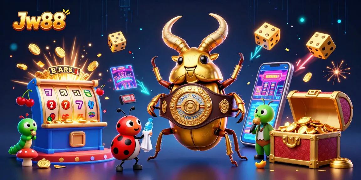 Win big with Jw88 in this vibrant and dynamic casino illustration featuring iconic gambling elements.