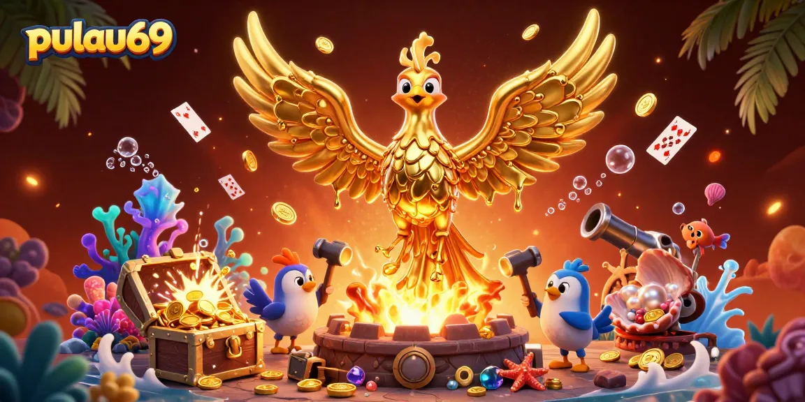 Engage with pulau69's vibrant casino scene featuring a molten gold phoenix and treasure-filled wonders.