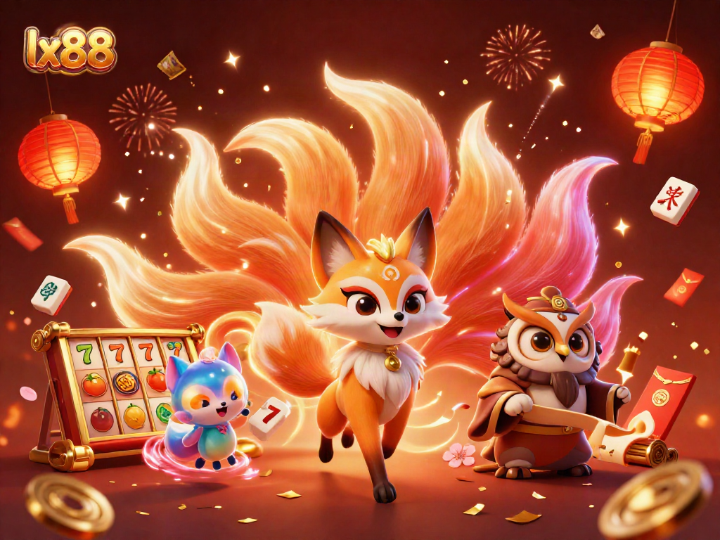 Experience excitement with lx88's vibrant casino scene featuring a nine-tailed fox and illuminated slot reels.