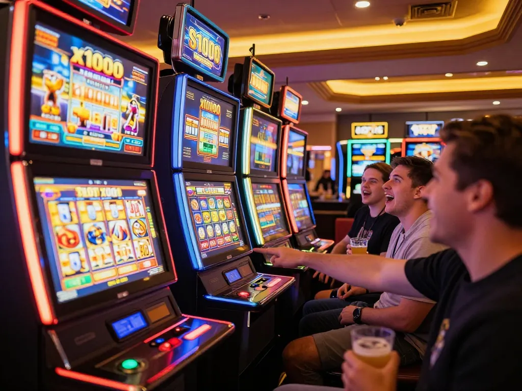 This thrilling scene captures players engaging with Slot x1000 machines in a vibrant casino atmosphere.