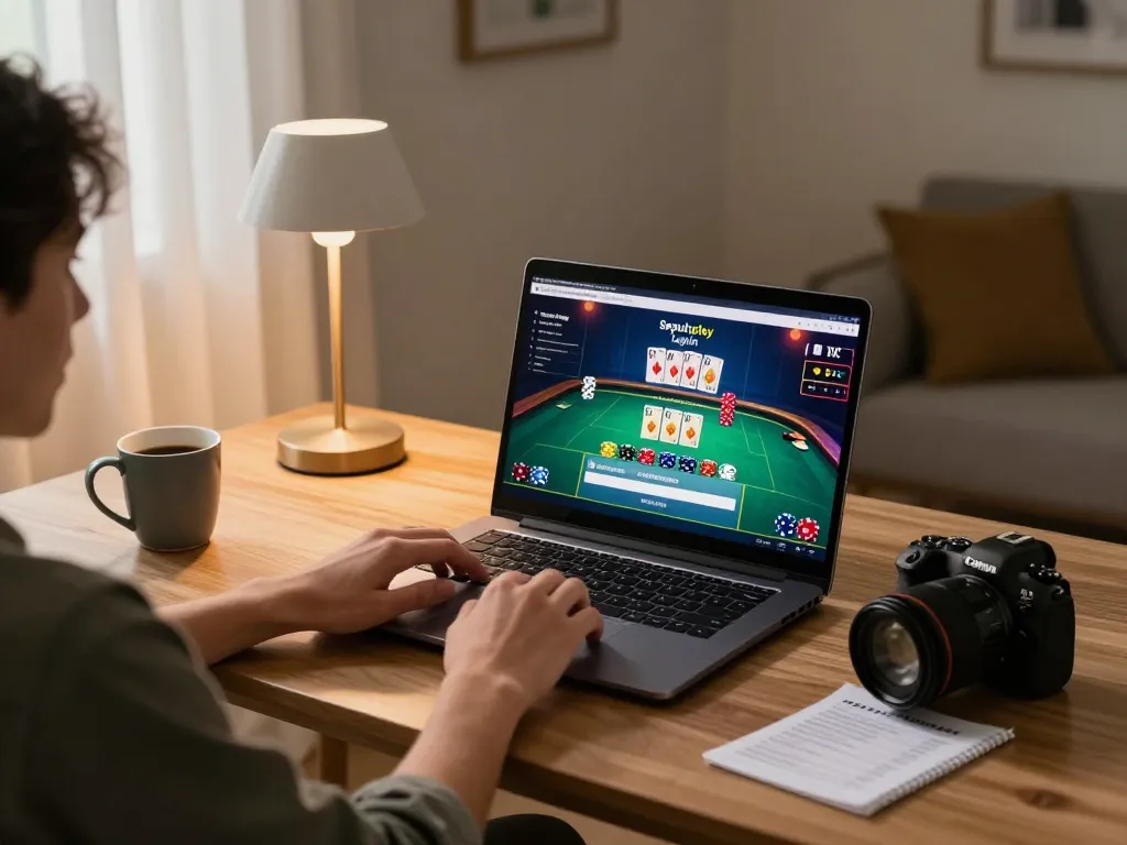 Rasakan login Sepuhplay dengan setup kasino online interaktif yang menunjukkan seorang pemain terlibat dalam permainan strategis di rumah.