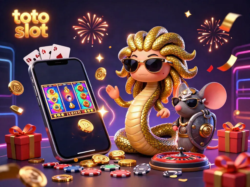 Experience the thrill of toto slot with a lively Medusa and warrior mouse in a dynamic casino scene.