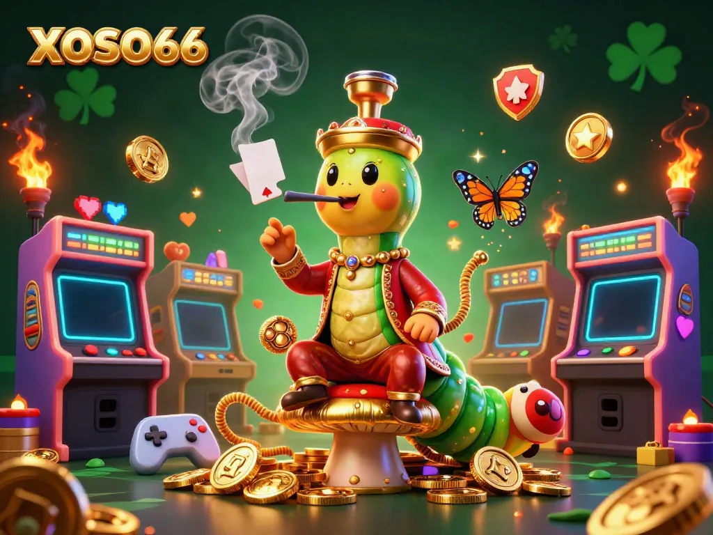 XOSO66 captures vibrant scenes of a whimsical casino with dynamic gaming elements and a unique caterpillar character.