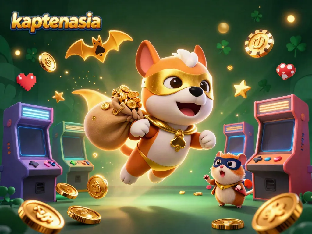 Kaptenasia menghadirkan ilustrasi superhero anjing terbang dengan koin emas, menggambarkan kesenangan berkasino.