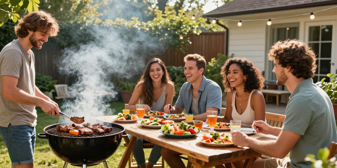 Suasana barbeque di halaman belakang dengan teman-teman yang menikmati makanan sambil bermain BOS88, kesenangan dan keramahan terasa.