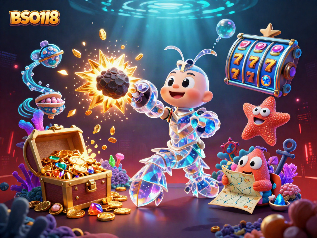 Engage with BSO118, winning golden gems and coins in a vivid casino scene.