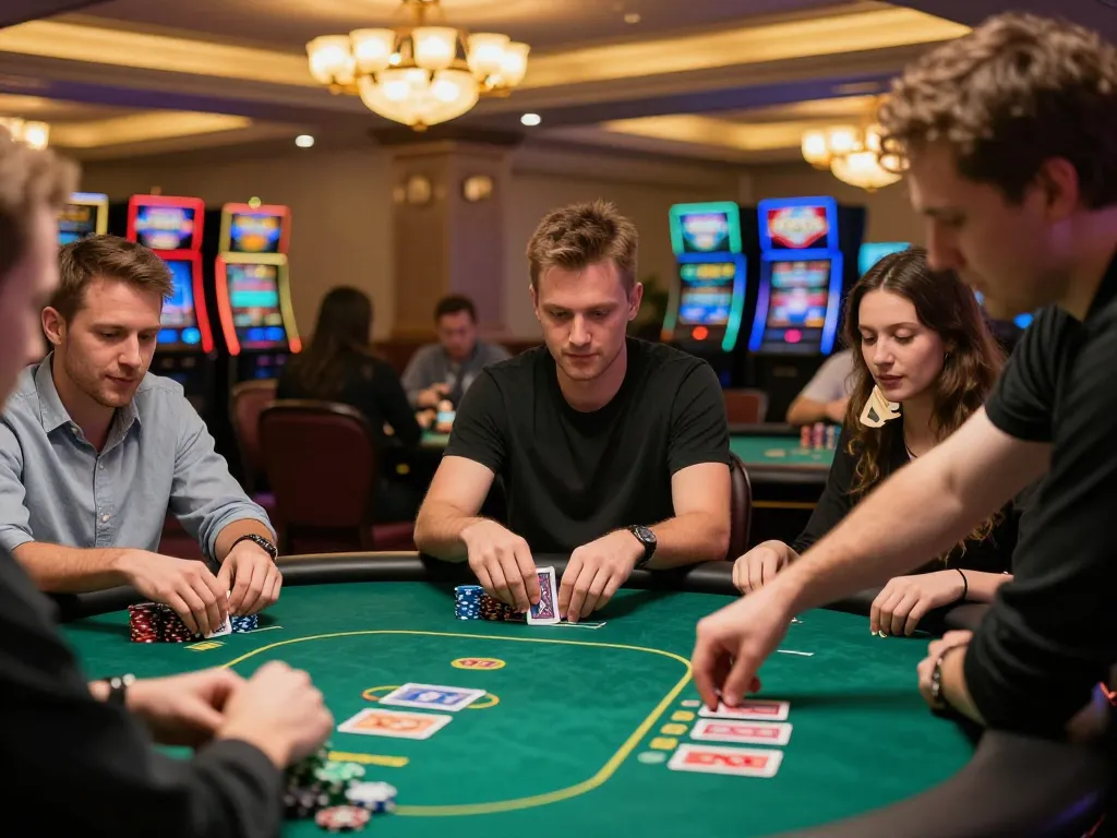 Players enjoy an exciting poker game at 123B casino, showcasing strategic moves and vibrant atmosphere.