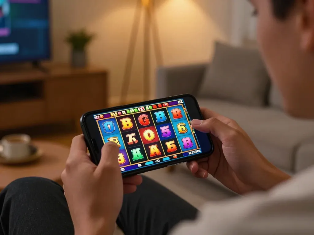 LIGALGO Login while enjoying slots on a smartphone in a cozy home environment.