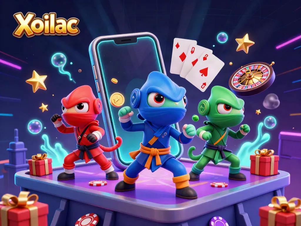Xoilac ninja chameleons showcase exciting gambling elements with a smartphone, poker chips, and a roulette wheel.