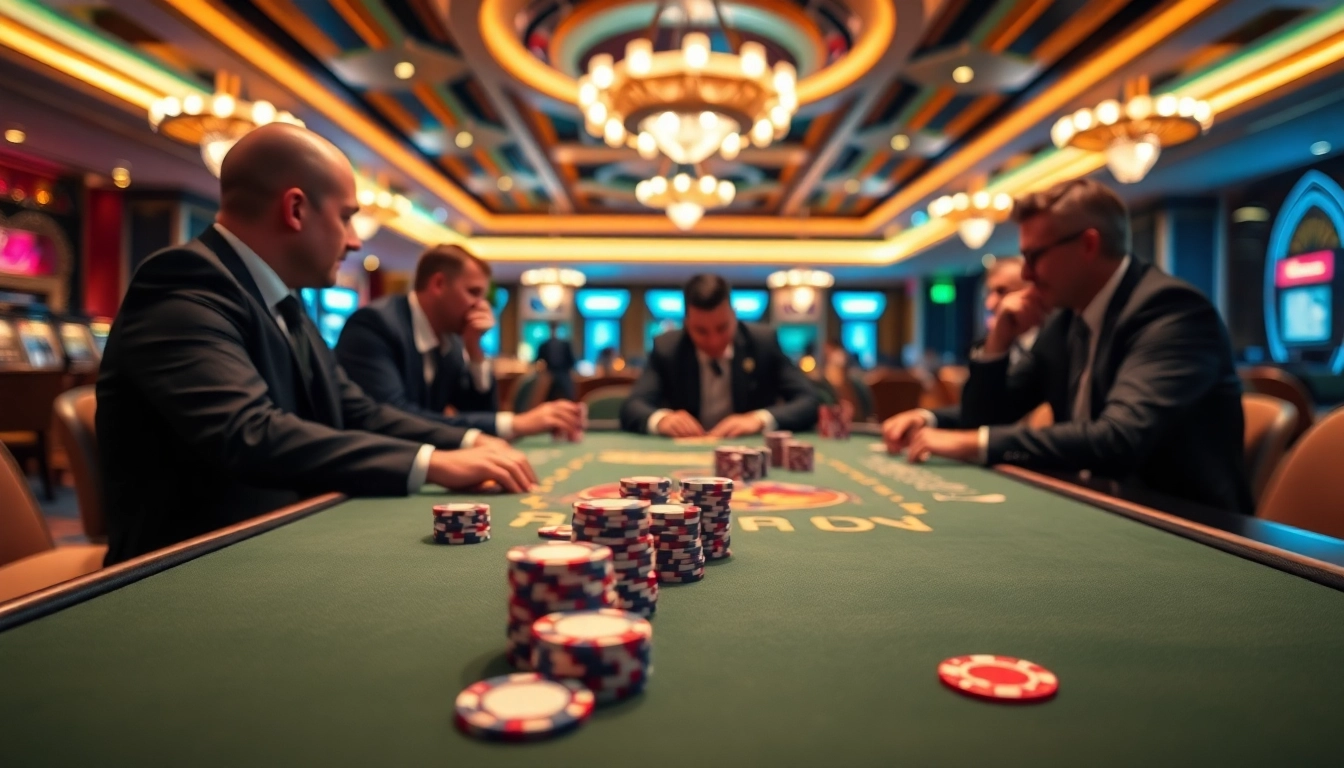 tkp188 pemain poker berfokus di meja kasino modern yang elegan.
