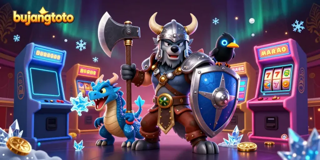 Bujangtoto slot adventure featuring 3D characters, vibrant arcade machines, and dynamic ice crystal dragon.