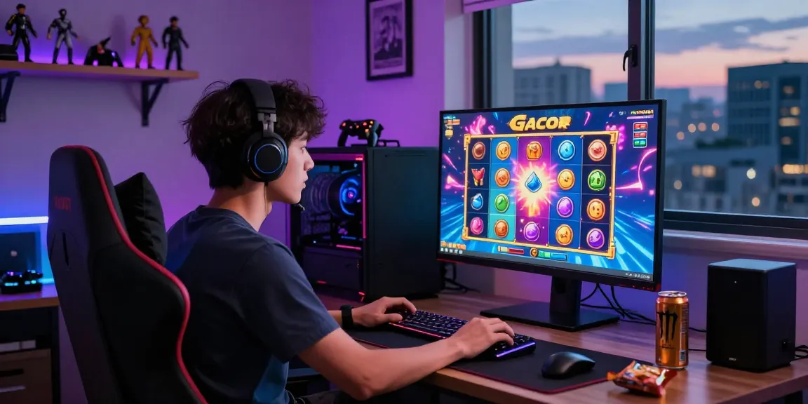 Engaged gamer focusing on a colorful slot gacor game in a modern gaming room.