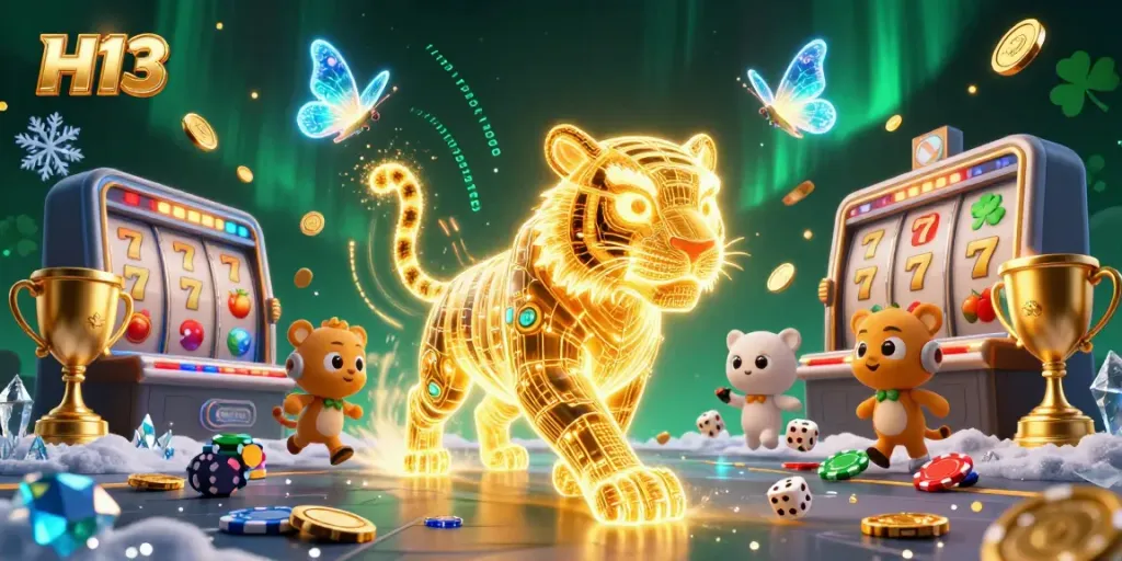 H13 features a golden tiger in a vibrant casino scene filled with slot machines and jackpots.