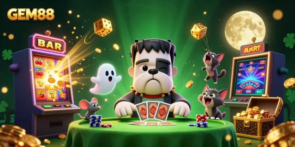 Engage with GEM88’s thrilling card games at an animated casino table featuring vibrant characters.