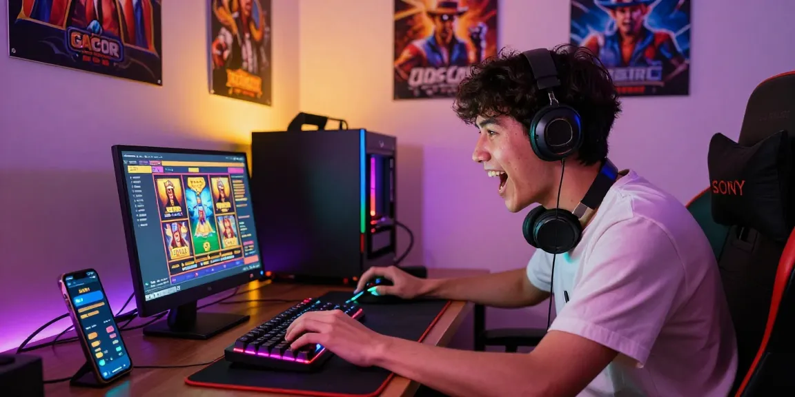 Engaging player enjoying a slot gacor game session on laptop with colorful peripherals in a cozy gaming setup.