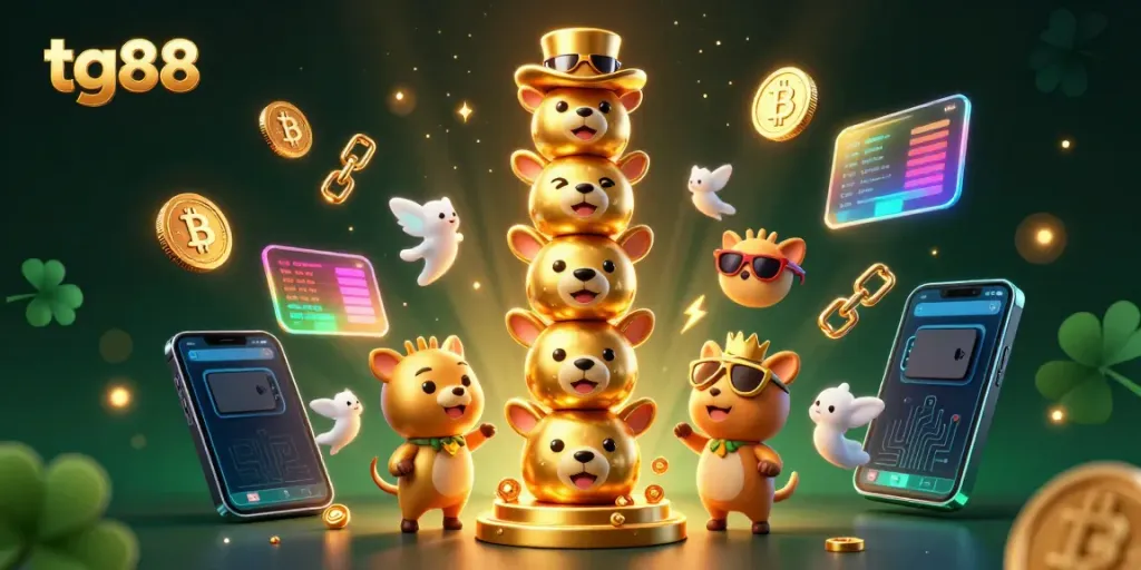 Experience thrilling gaming at tg88 with vibrant casino-themed characters and crypto elements.