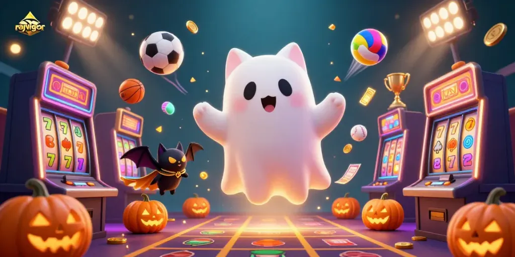 Enjoy the thrilling rajavigor experience with a playful ghost cat and dynamic casino elements in vibrant colors.