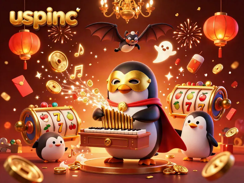 Experience the dynamic world of gambling with uspinc in a vibrant 3D scene of a penguin and floating slot reels.