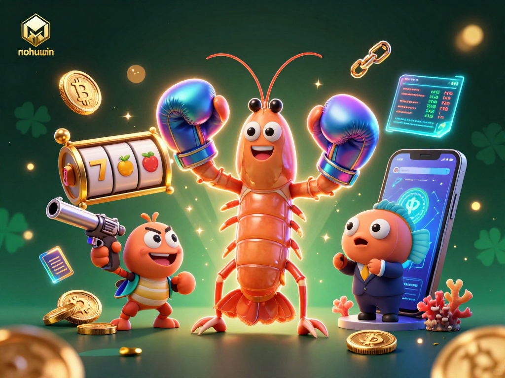 Experience the excitement at nohuwin as a valiant mantis shrimp and sidekick engage in dynamic casino action with vibrant slot elements.