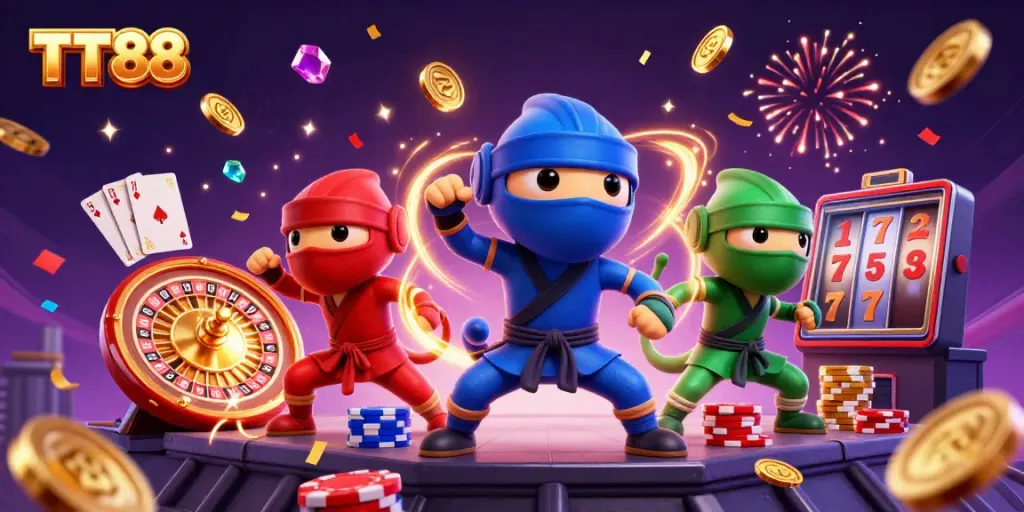 Experience the thrill of TT88 with animated chameleons and vibrant casino elements in a captivating scene.
