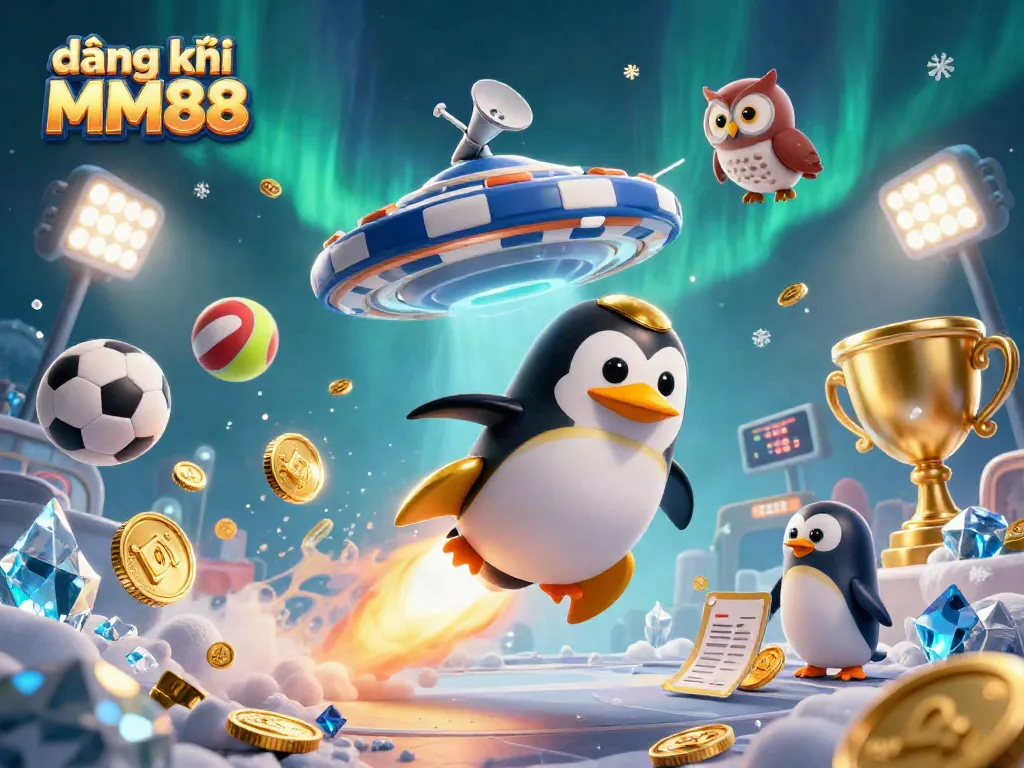 Engage in đăng ký MM88 with a lively 3D scene featuring gaming elements and a dynamic penguin character.
