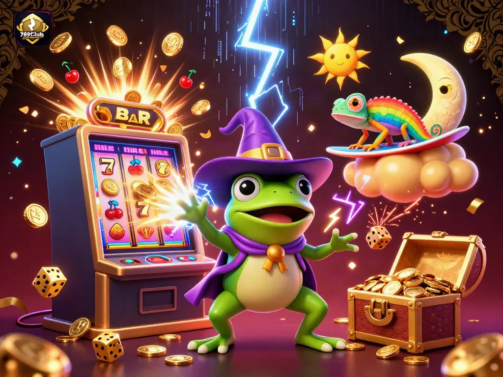 Experience 789Club's vibrant gaming world with a golden coin storm and vibrant characters in dynamic 3D.