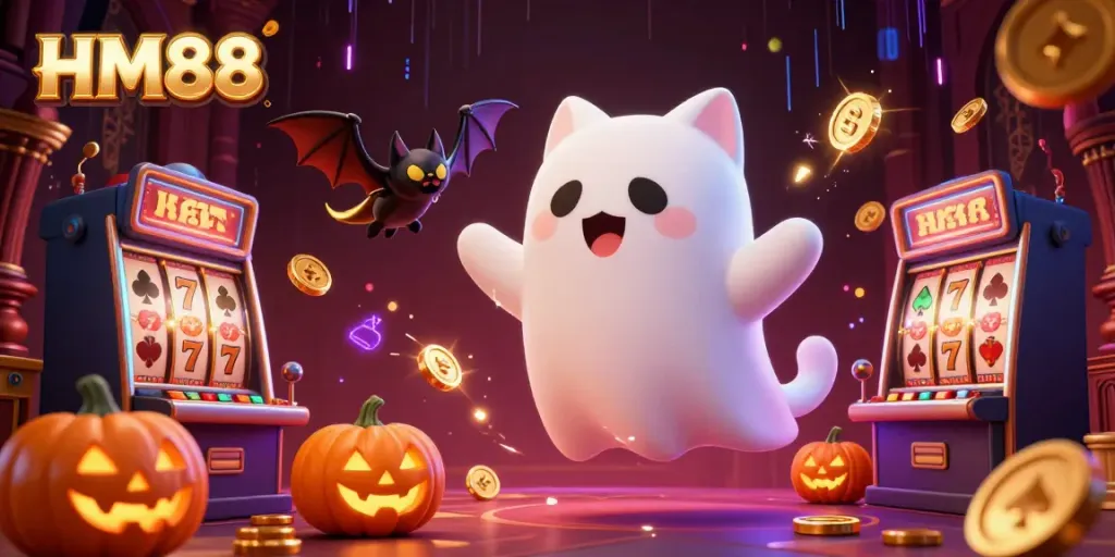 Experience thrilling gameplay at HM88 in this vibrant online casino scene with ghostly characters.