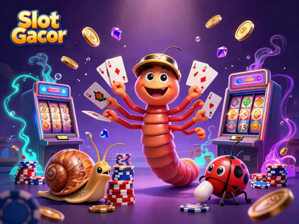 Spin the Slot Gacor reels featuring a lively millipede dealer and vibrant casino elements.