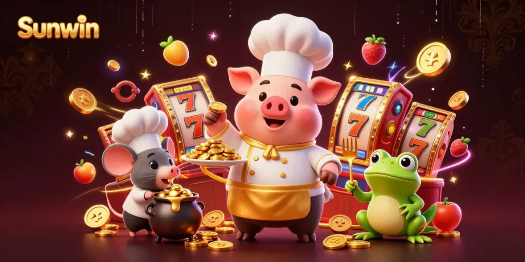 Sunwin features a chef pig serving golden coins, illustrating exciting online gaming experiences.