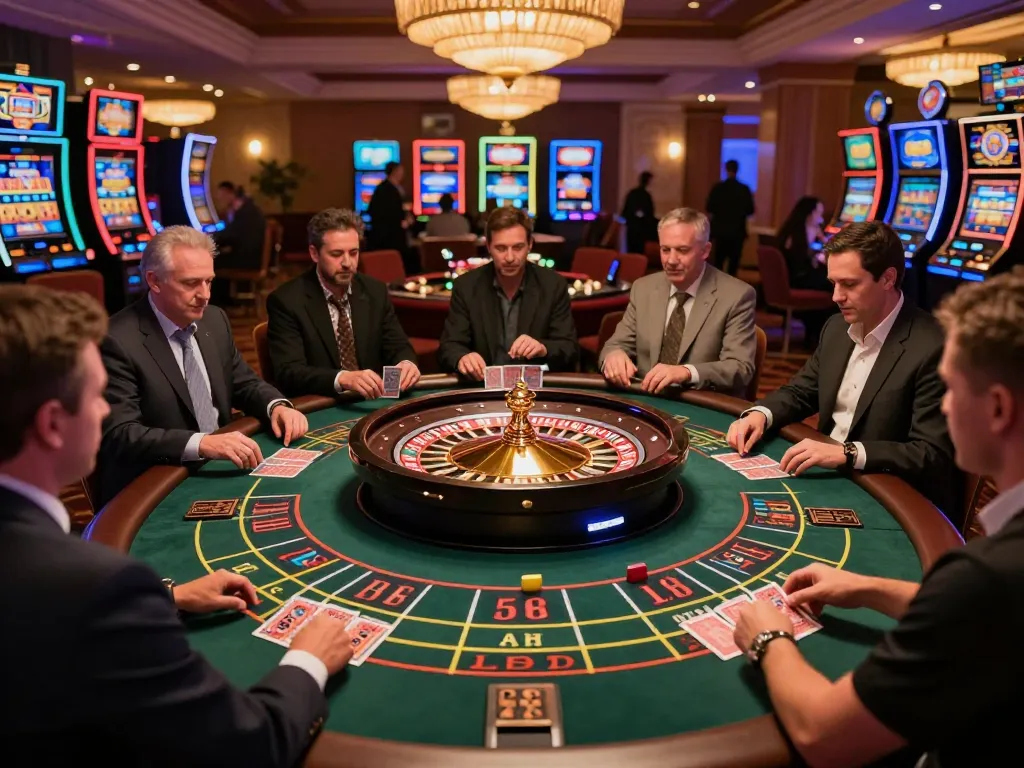 Pemain yang terlibat memasang taruhan di meja roulette yang cerah di kasino yang ramai, menjelajahi peluang alternatif deluna4d.