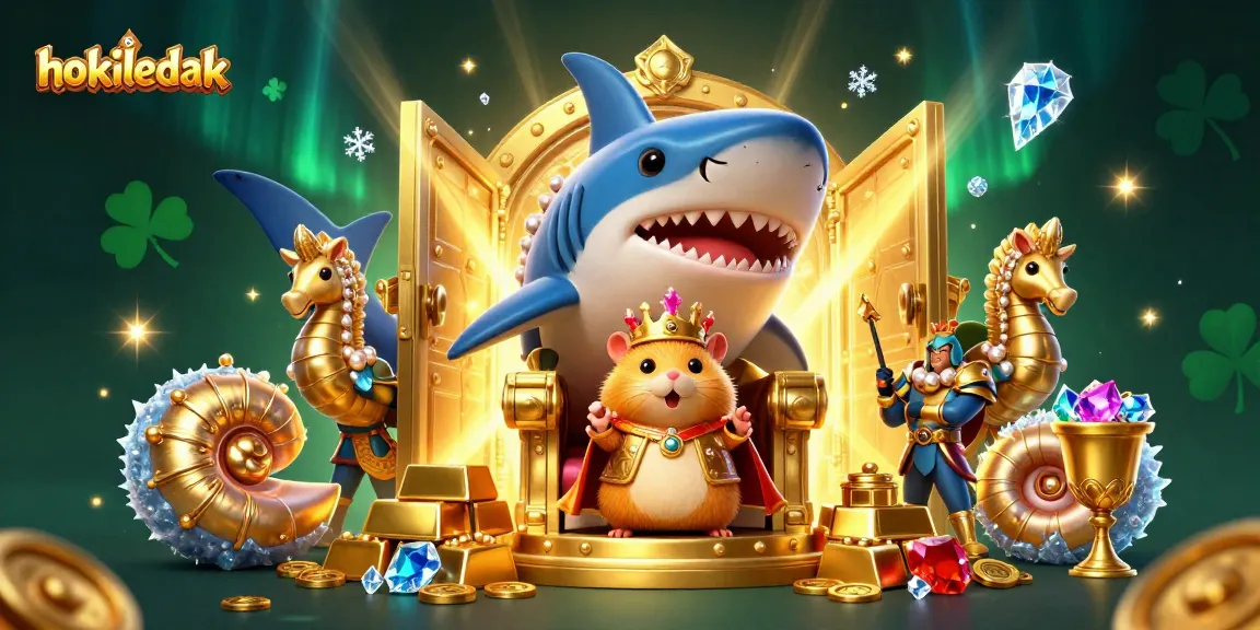 Experience the excitement of hokiledak with a golden hamster king and treasures in a vibrant casino illustration.