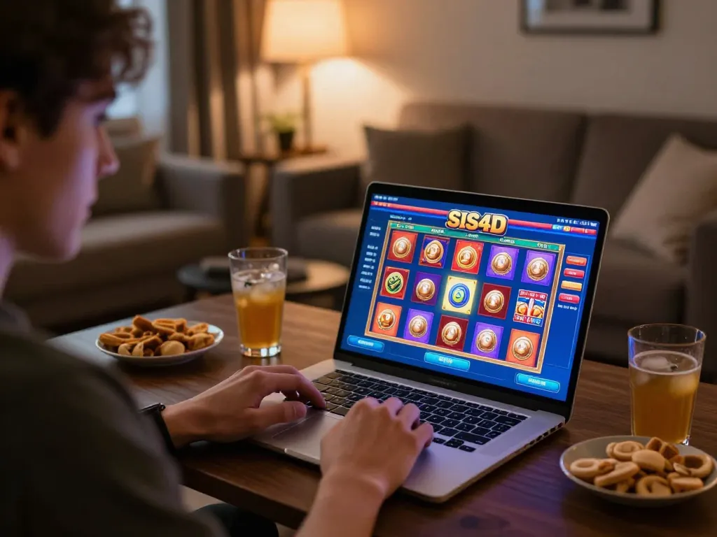 Engaging with SIS4D online slot game on laptop in a cozy home environment
