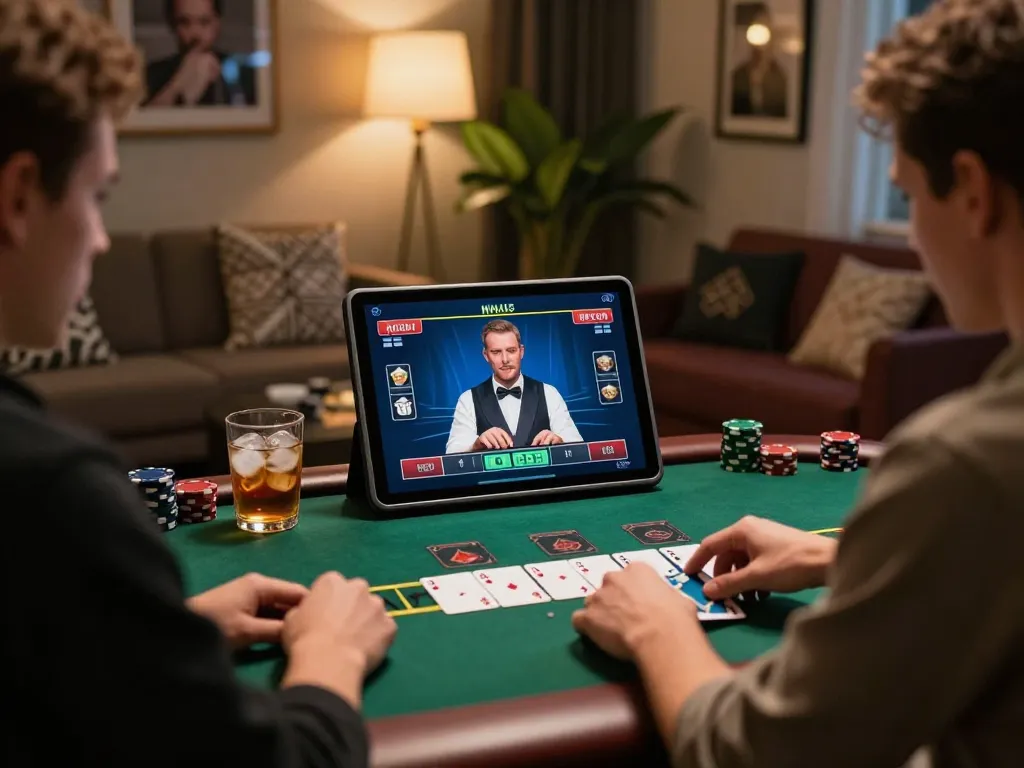 Engaging in kenzobet online blackjack gaming session in a cozy home setting with tablet and drinks.