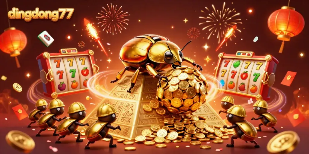 Dingdong77 illustration showcasing a golden beetle rolling coins amid vibrant slot elements, bringing luck and excitement.