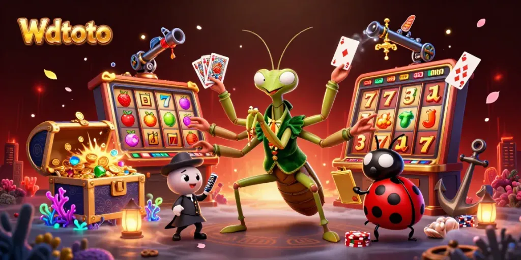 Wdtoto mengelola permainan slot dalam ilustrasi 3D yang menarik, menampilkan suasana kasino yang dinamis.
