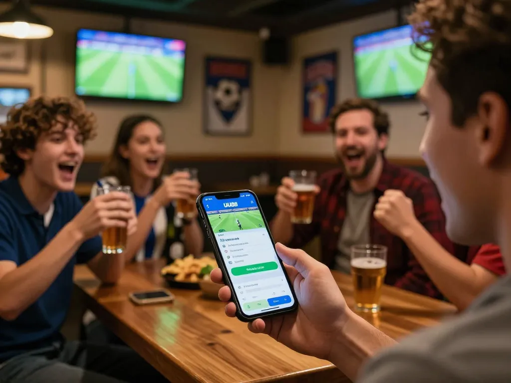 Engaged sports fan using the UU88 app for live betting in a vibrant bar atmosphere
