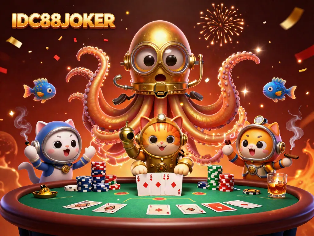 Engage with IDC88JOKER's vibrant casino world featuring a kraken, diving cat, and poker action.