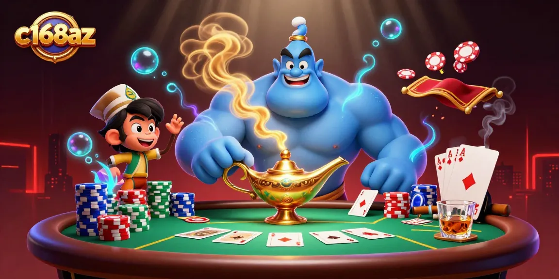 Experience the thrill of gaming at c168az with a lively scene featuring a genie, poker elements, and vibrant casino atmosphere.
